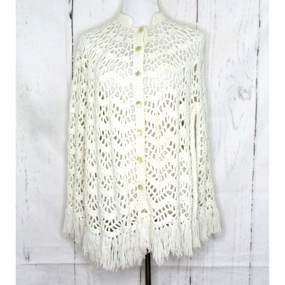 Vintage Hand Crocheted Shawl Poncho Button Front Ivory Fringe Granny Cottagecore